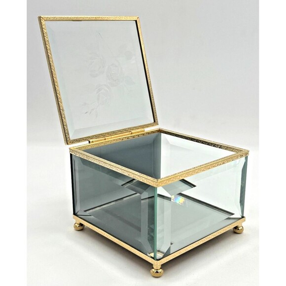 Crystal Glass Mirrored Jewelry Trinket Box Beveled Footed Etched Flower Embossed - Picture 5 of 16